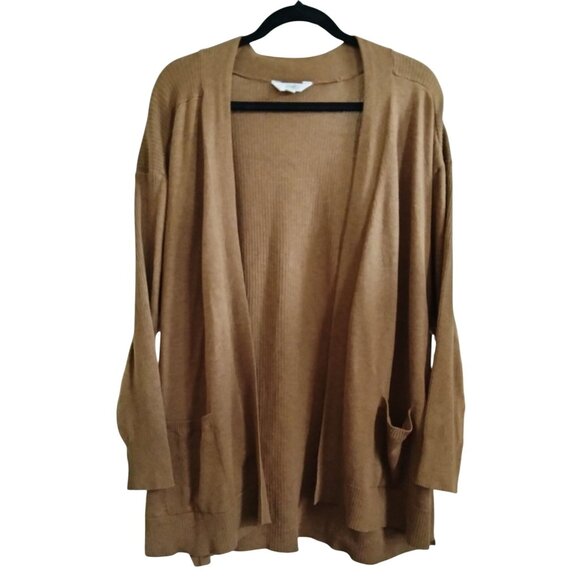 Terra & Sky Plus Size 2X Cardigan Sweater Open Front Ribbed Light Brown Pockets - Picture 2 of 10